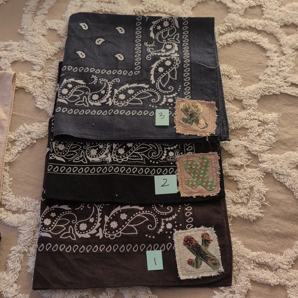 Bandana scarf w cactus, upcycled, embroidery cactus patch, Pick 1 HANDMADE ITEM - Picture 13 of 16